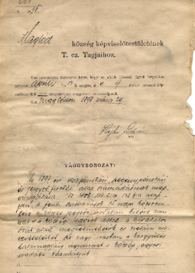 Maglód község képviselőinek 1898. március 29-én címzett testületi tárgysorozata 